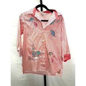 GRAFF Pink Striped Button-Up Blouse with Umbrella Embroidery